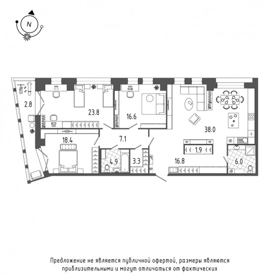 Трёхкомнатная квартира 140.1 м²