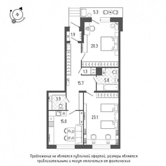 Двухкомнатная квартира 88.2 м²