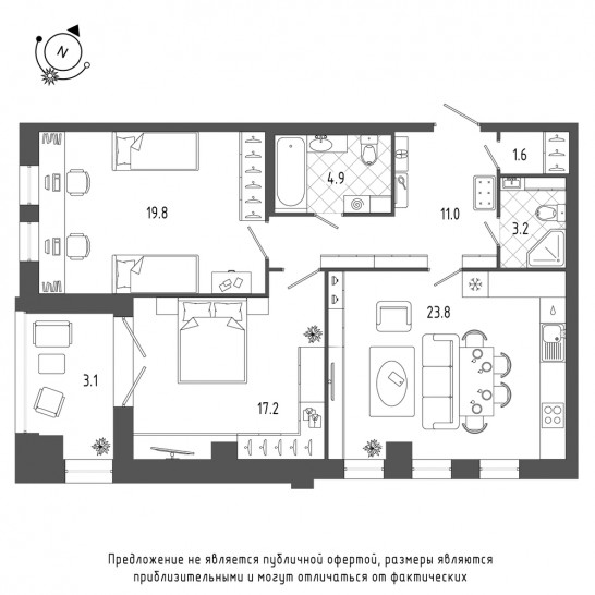 Двухкомнатная квартира 84.8 м²