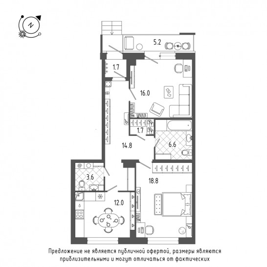 Двухкомнатная квартира 76.5 м²