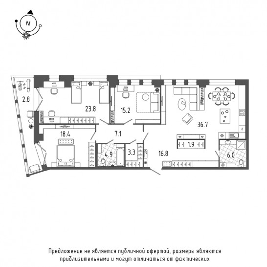 Трёхкомнатная квартира 137.4 м²