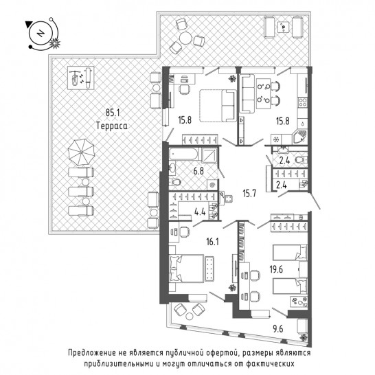Трёхкомнатная квартира 127.8 м²