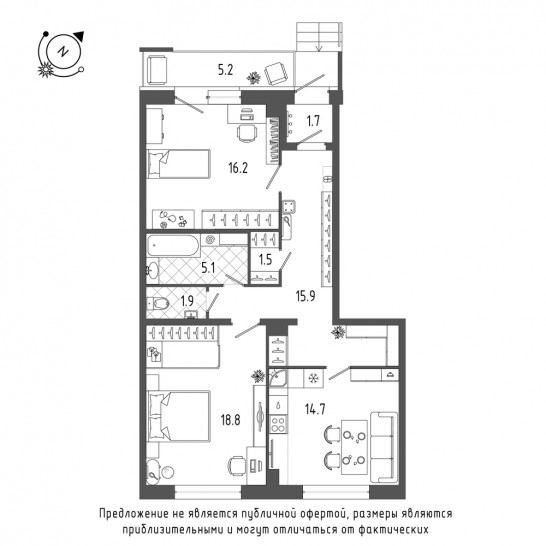 Двухкомнатная квартира 76.9 м²