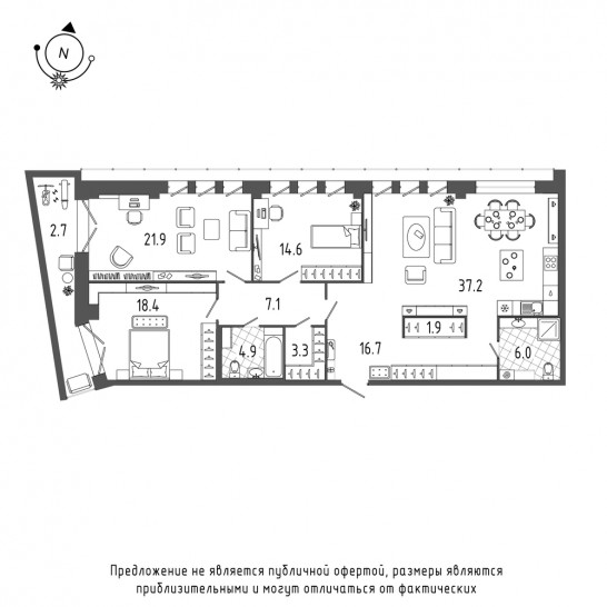 Трёхкомнатная квартира 135.5 м²