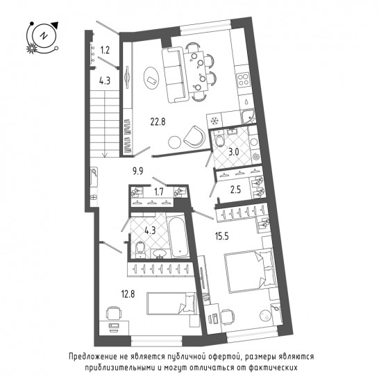 Двухкомнатная квартира 77.7 м²