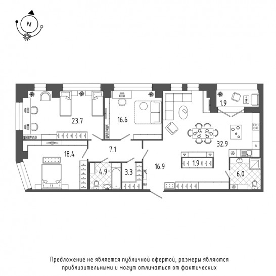 Трёхкомнатная квартира 133.9 м²