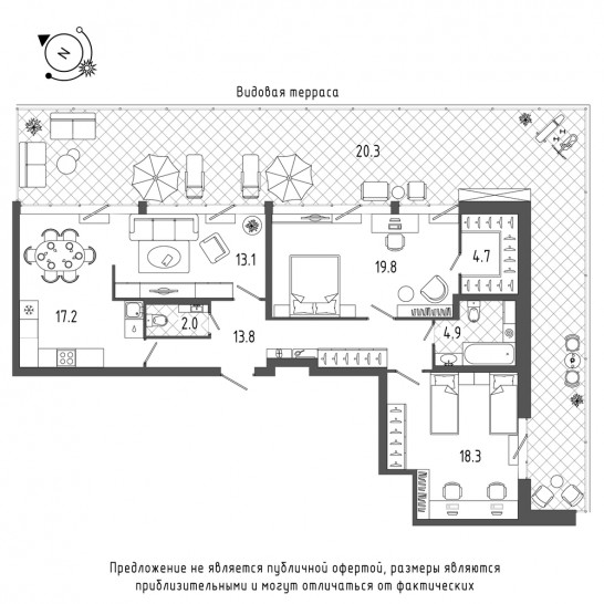 Трёхкомнатная квартира 113.9 м²