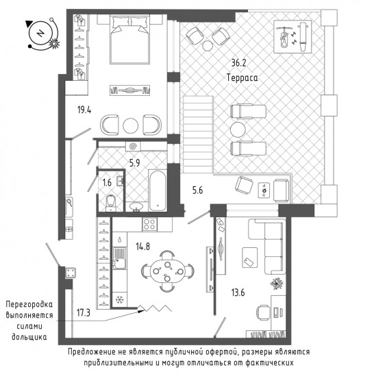 Двухкомнатная квартира 85.2 м²