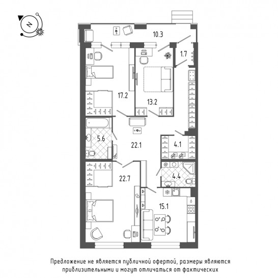 Трёхкомнатная квартира 108.3 м²