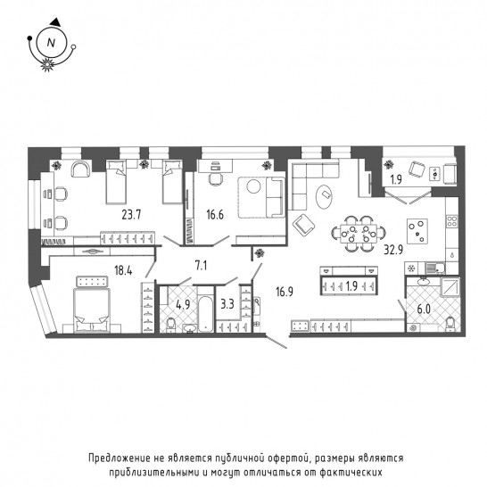 Трёхкомнатная квартира 133.8 м²