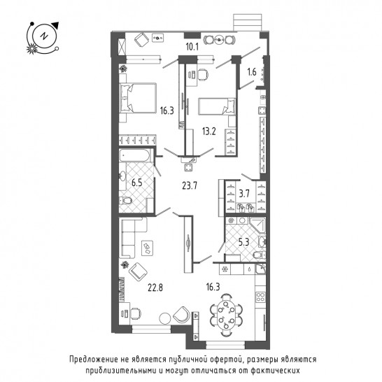 Трёхкомнатная квартира 112.1 м²